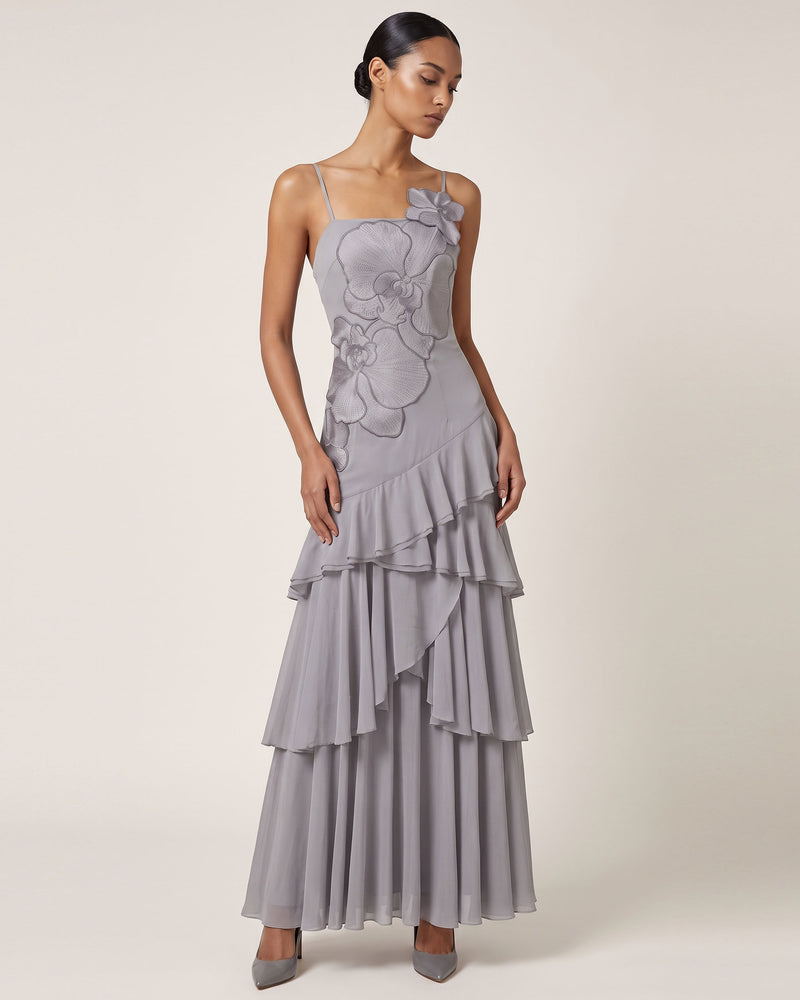 Orchid Embroidered Ruffled One-Shoulder Maxi Dress - Lavender Gray