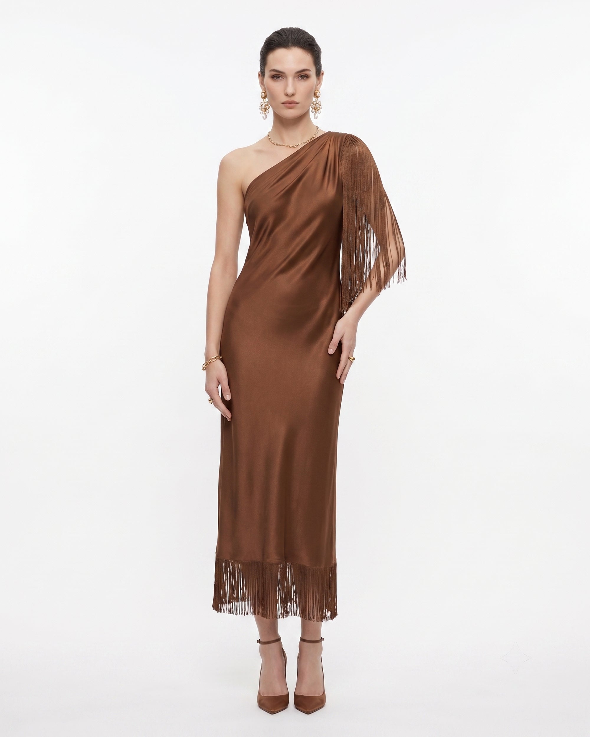 One Shoulder Fringe Midi Dress - Chocolate Brown