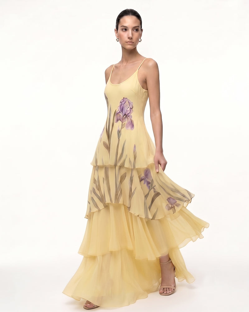 Layered Sheer Iris Print Spaghetti Strap Maxi Dress - Yellow
