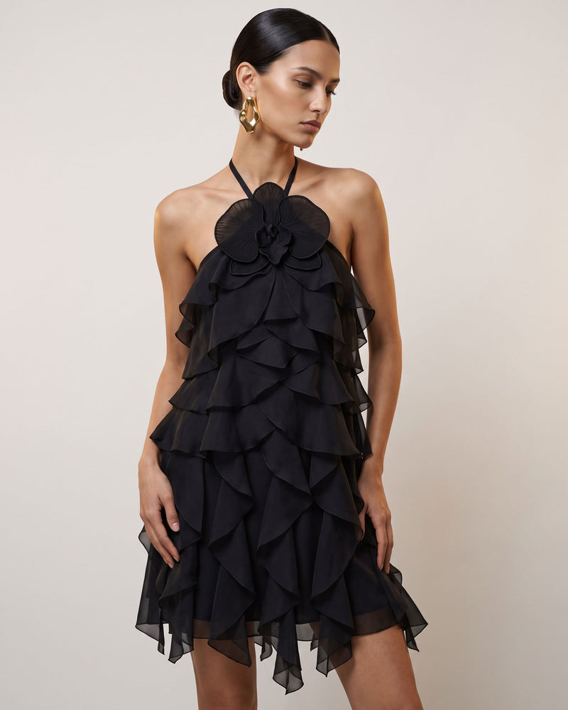 Orchid Embroidered Ruffle Halter Mini Dress - Black