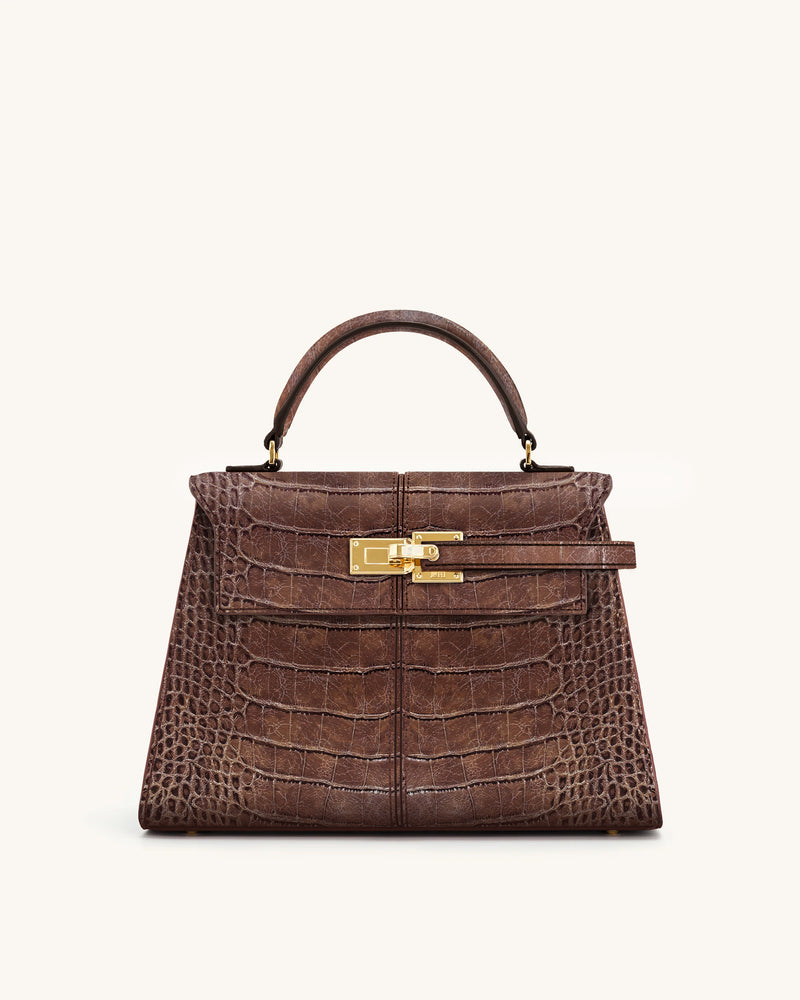 Elise Large Croc-Embossed Top Handle Bag - Chestnut Brown