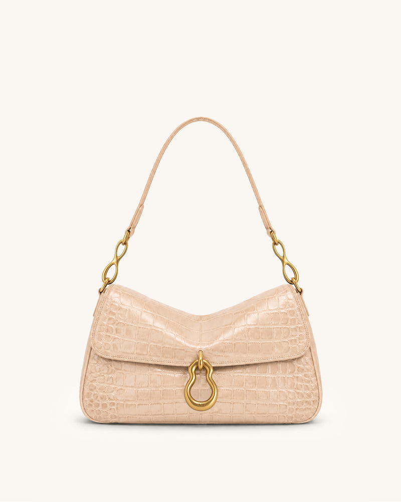 Jayla Metal Pendant Embellished Croc-Embossed Shoulder Bag - Blush Beige