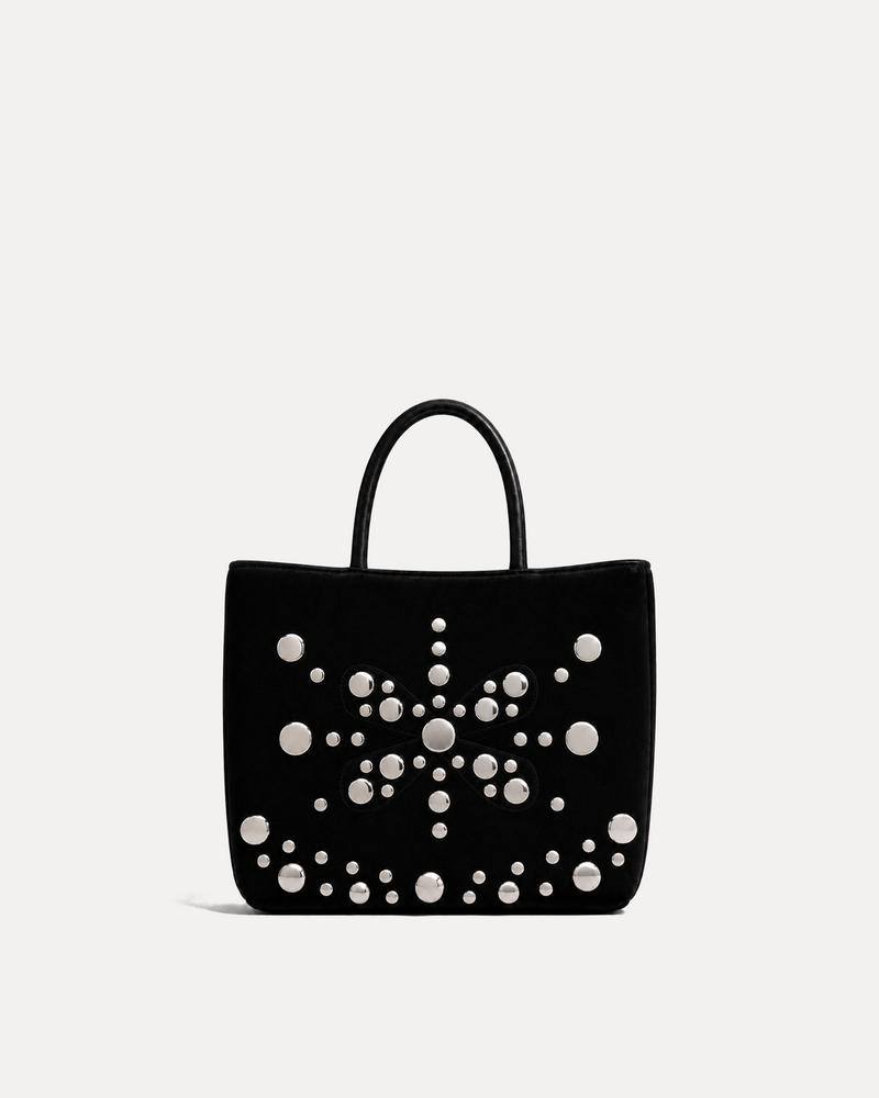 Floral Stud Suede Top Handle Bag - Black