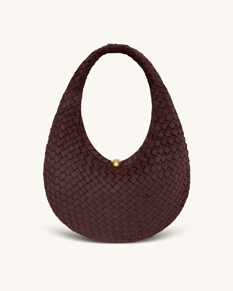 Nola Faux Suede Woven Hobo Shoulder Bag - Dark Mocha