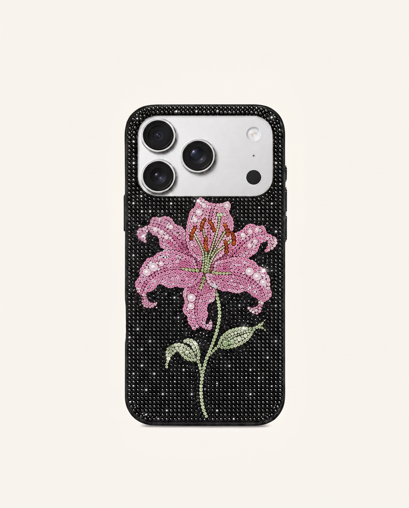 Pink Lily Artificial Crystal Phone Case - Black