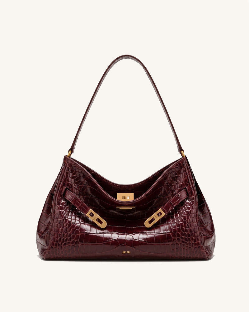 Rhea Double Buckle Open-Top Shoulder Bag - Burgundy Croc