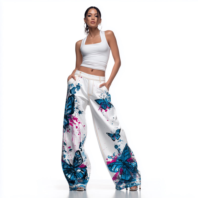 Butterfly Print Wide Leg Jeans – White