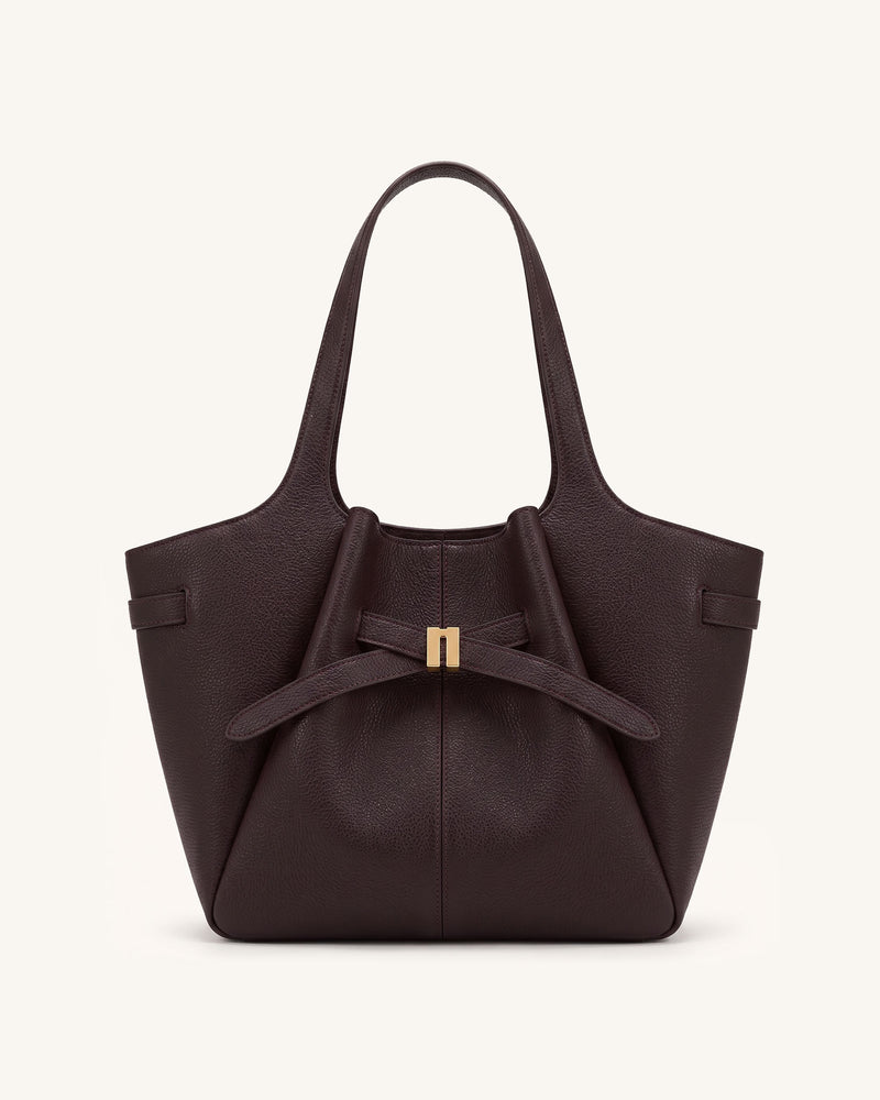 Hana Pebbled Bow-Detailed Tote Bag - Dark Brown