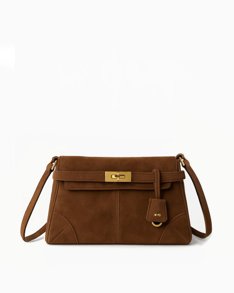 Tab Lock Faux Suede Crossbody Bag - Brown