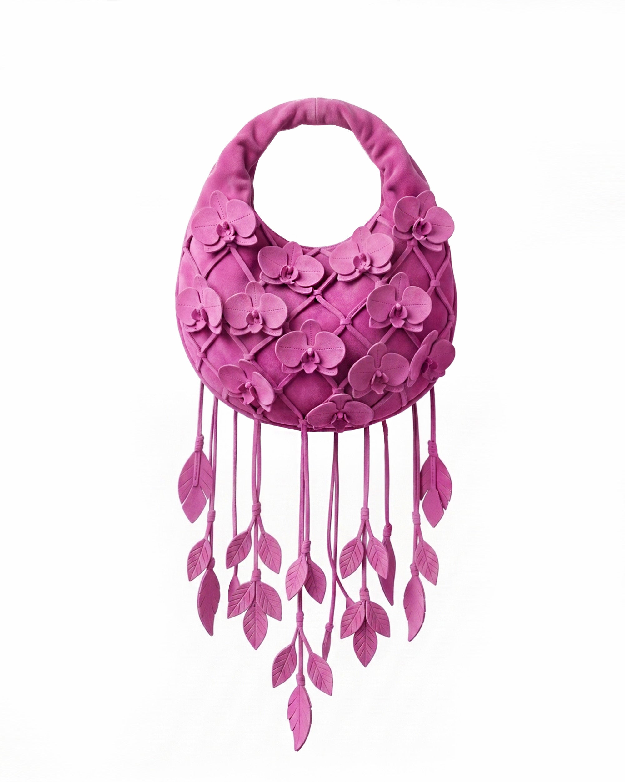 Orchid Appliqué Leaf Tassel Hobo Bag - Fuchsia