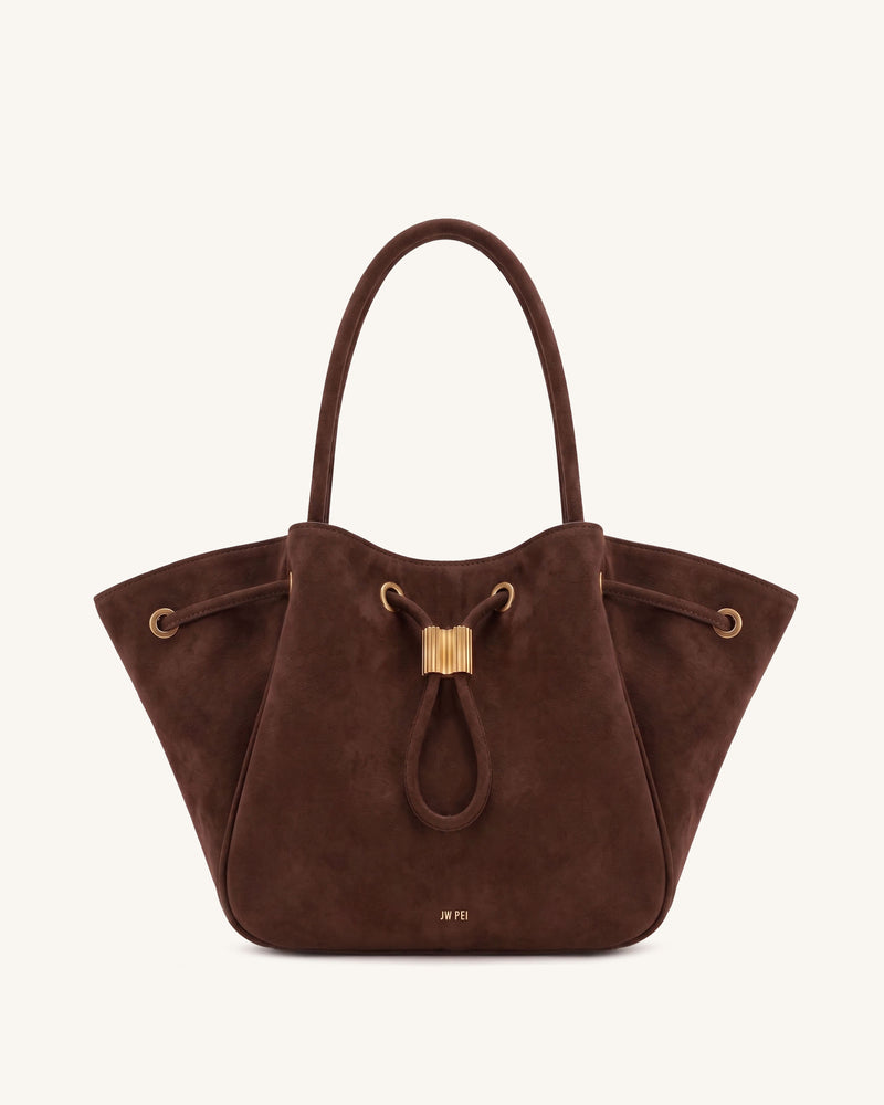 Celia Faux Suede Drawstring Winged Tote Bag - Dark Brown