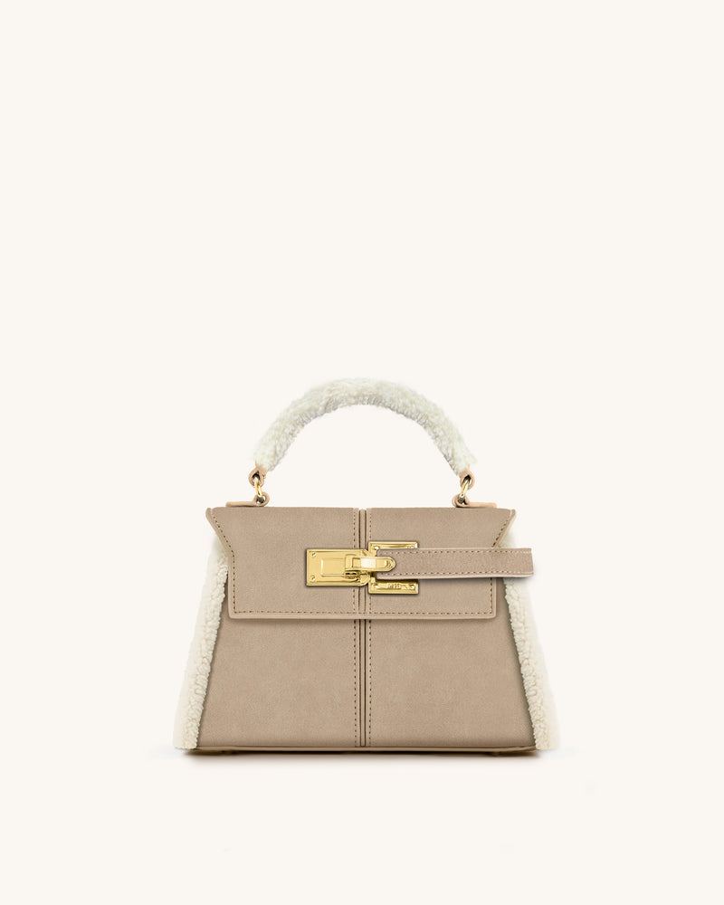 Elise Faux Suede Shearling Trim Top Handle Bag - Taupe