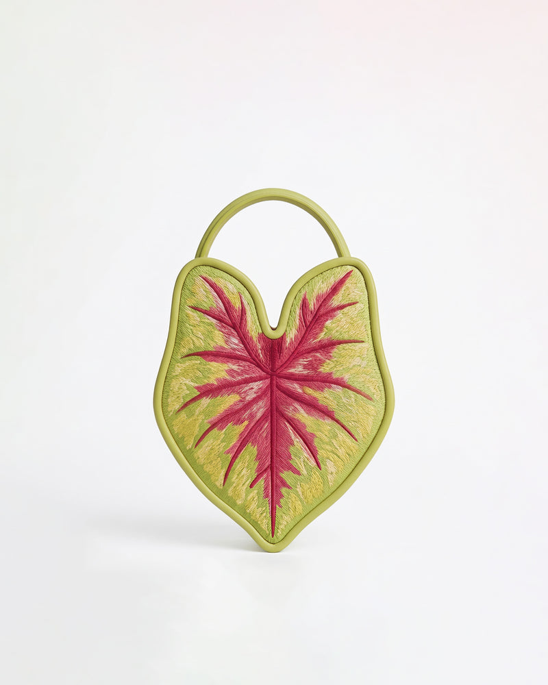 Embroidered Caladium Leaf Top Handle Bag - Green