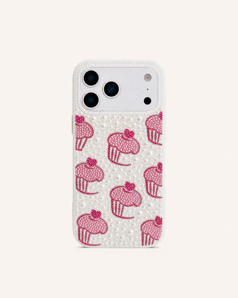 Cupcake Artificial Crystal Pearl Phone Case - White