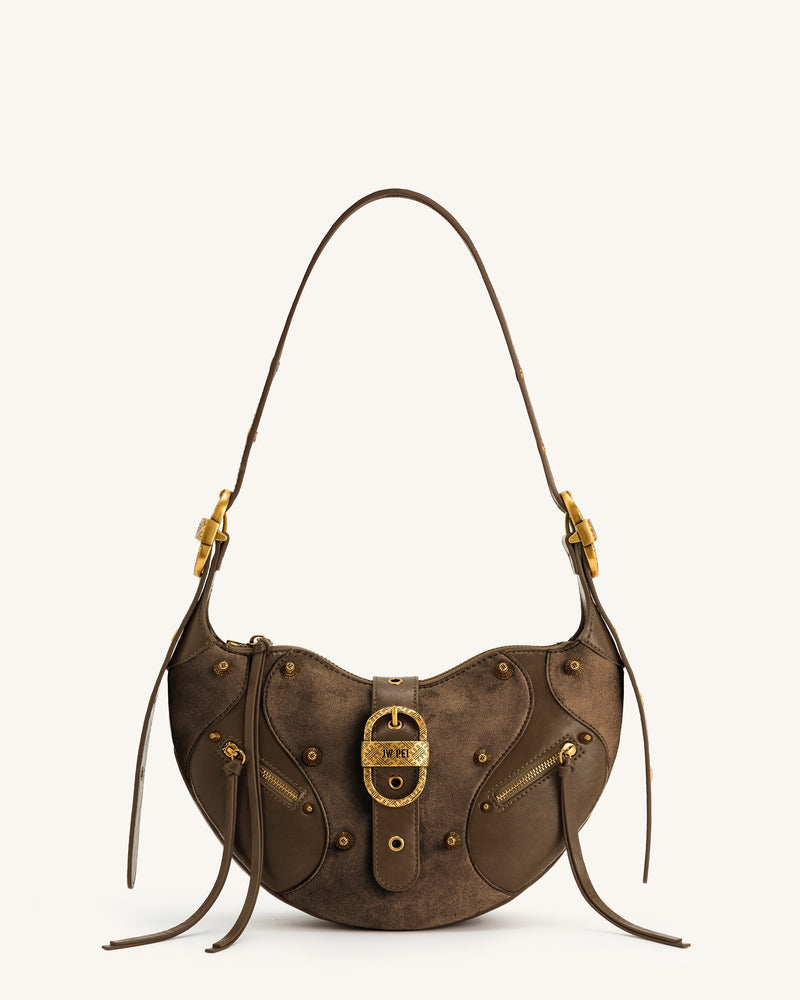 Tessa Faux Suede Studded Shoulder Bag - Dark Brown