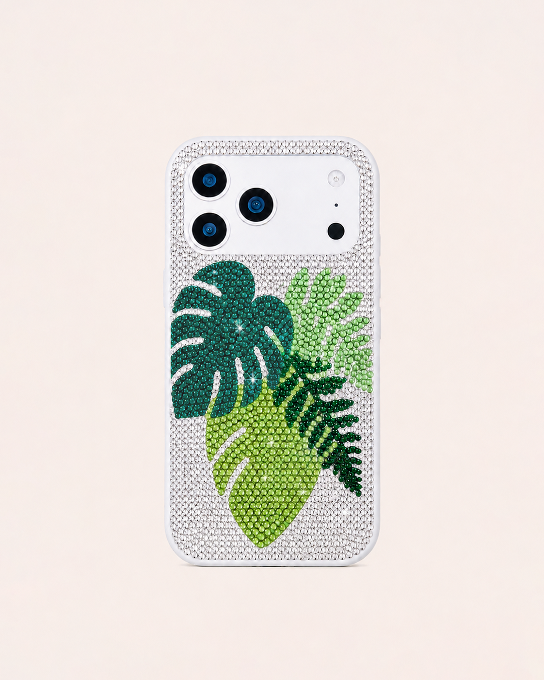 Tropical Leaf Artificial Crystal Phone Case - White Green