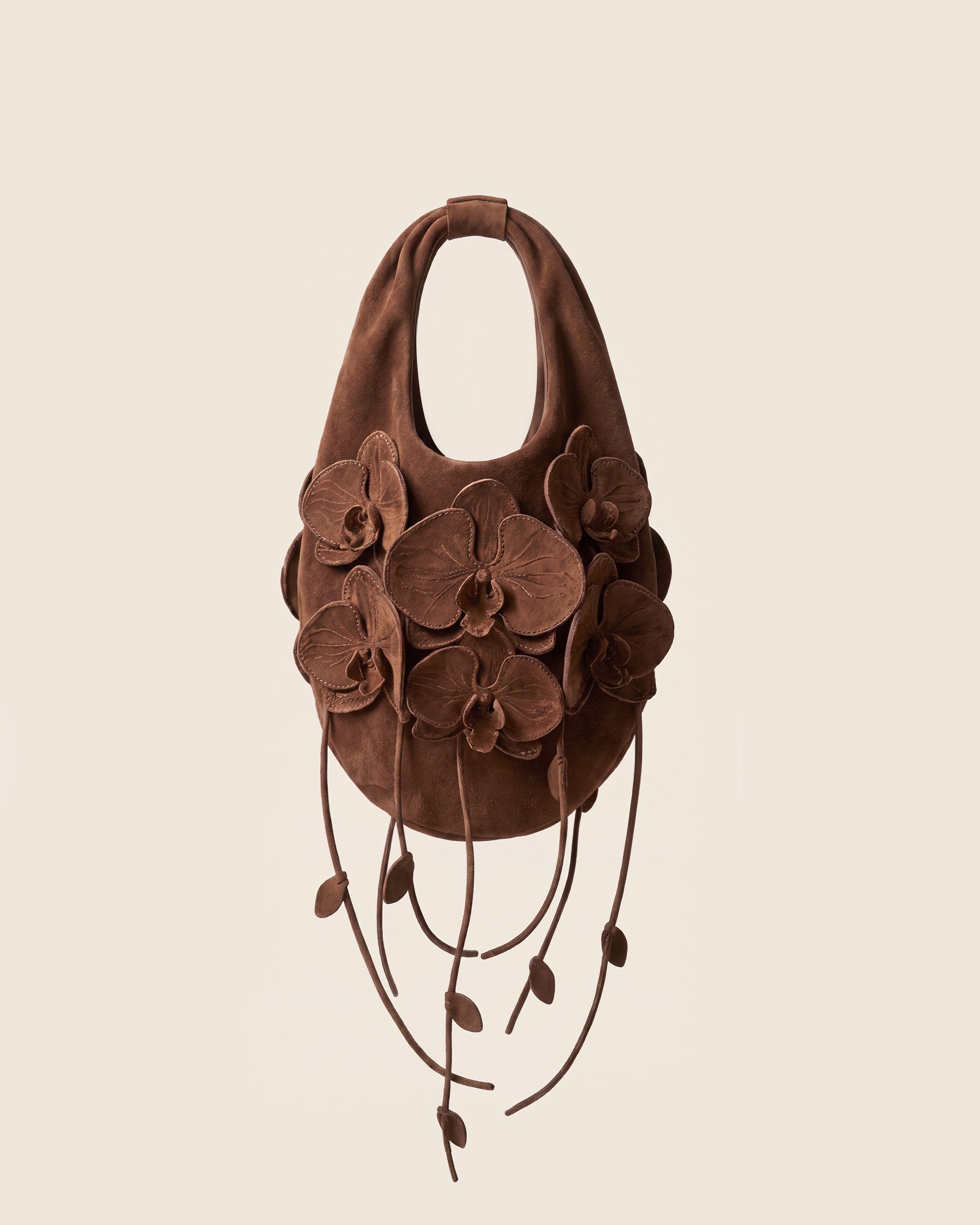 Faux Suede Orchid Appliqué Hobo Bag - Chocolate Brown