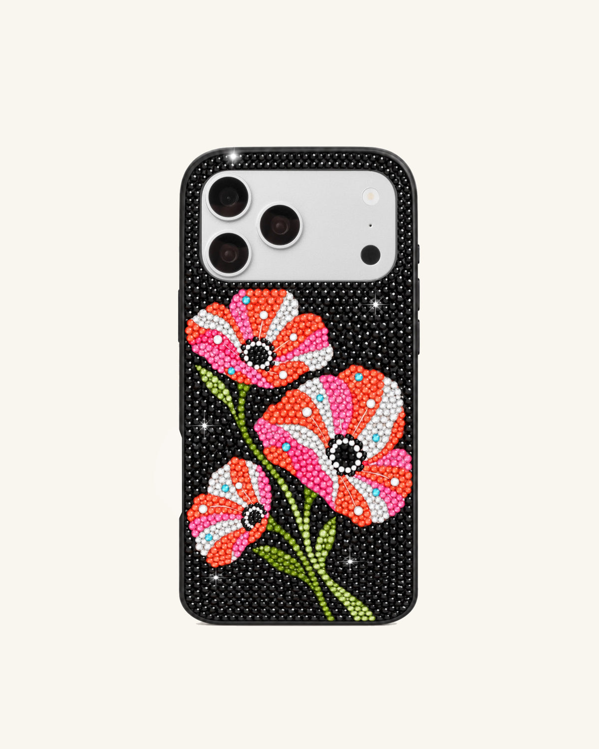 Artificial Crystal Floral Phone Case – Black