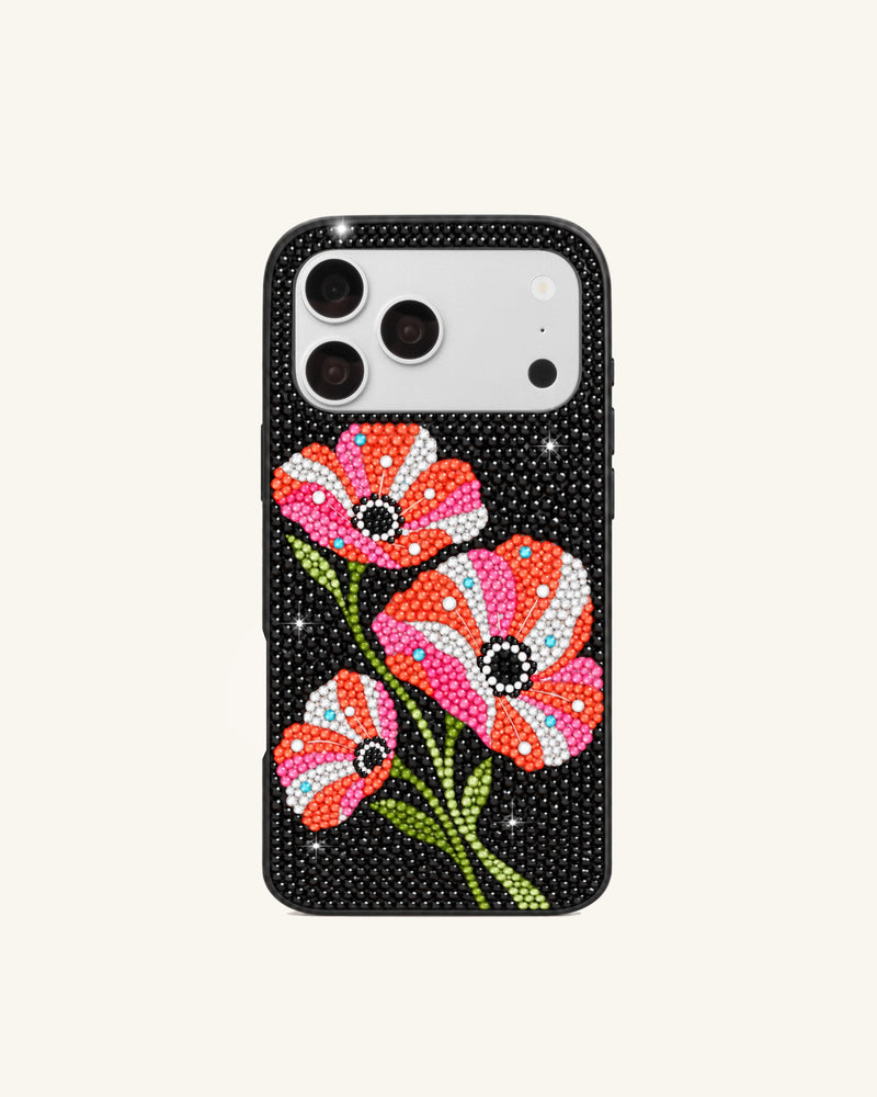 Artificial Crystal Floral Phone Case – Black