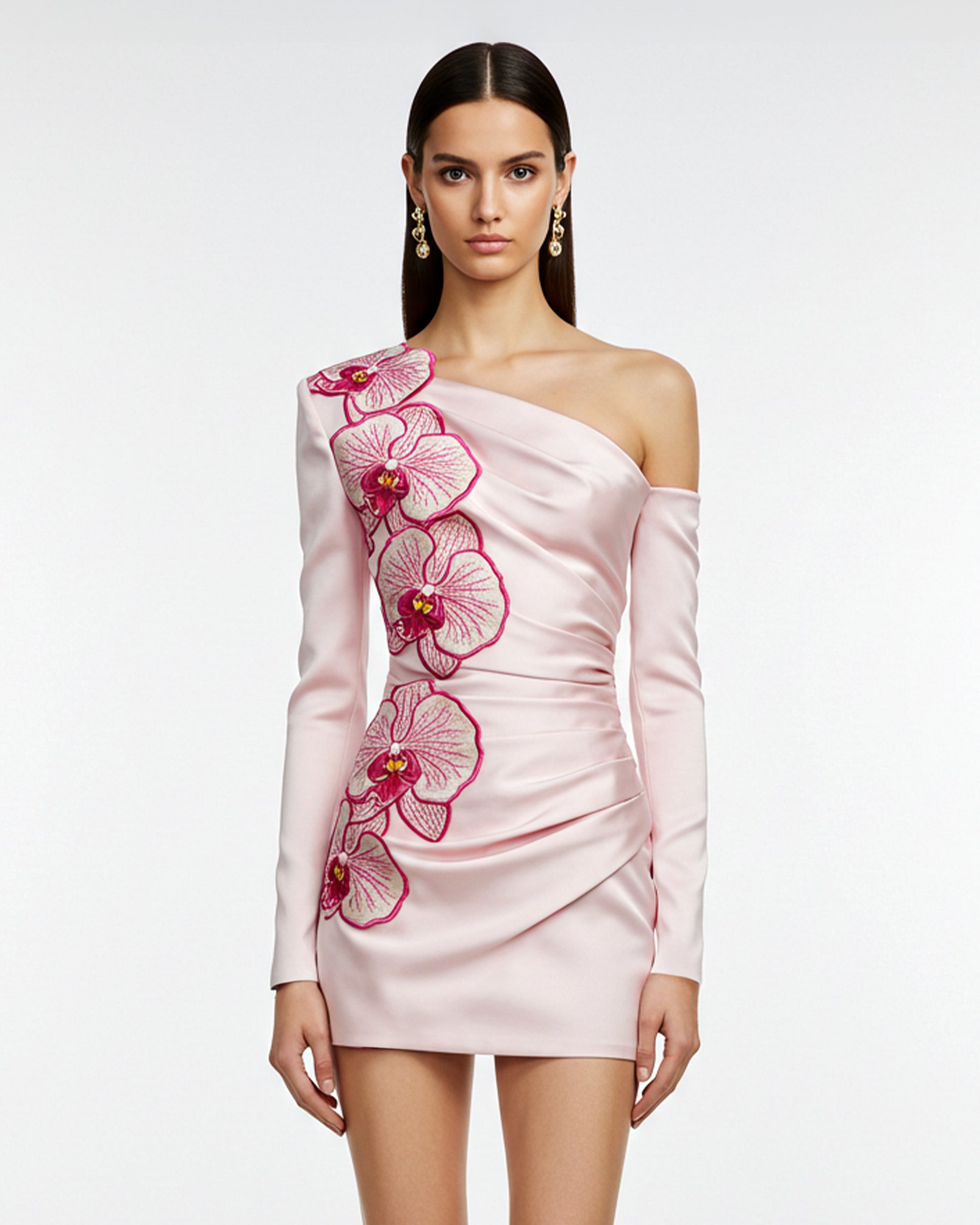 Orchid Embroidery Appliqué Asymmetrical Mini Dress – Pink