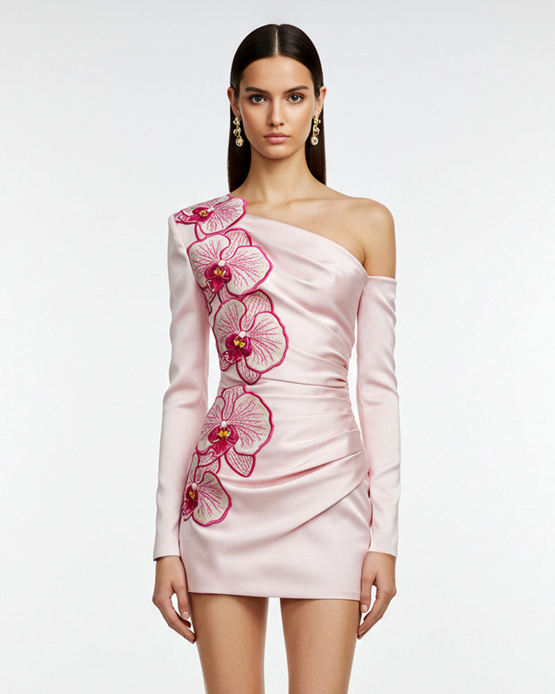 Orchid Embroidery Appliqué Asymmetrical Mini Dress – Pink