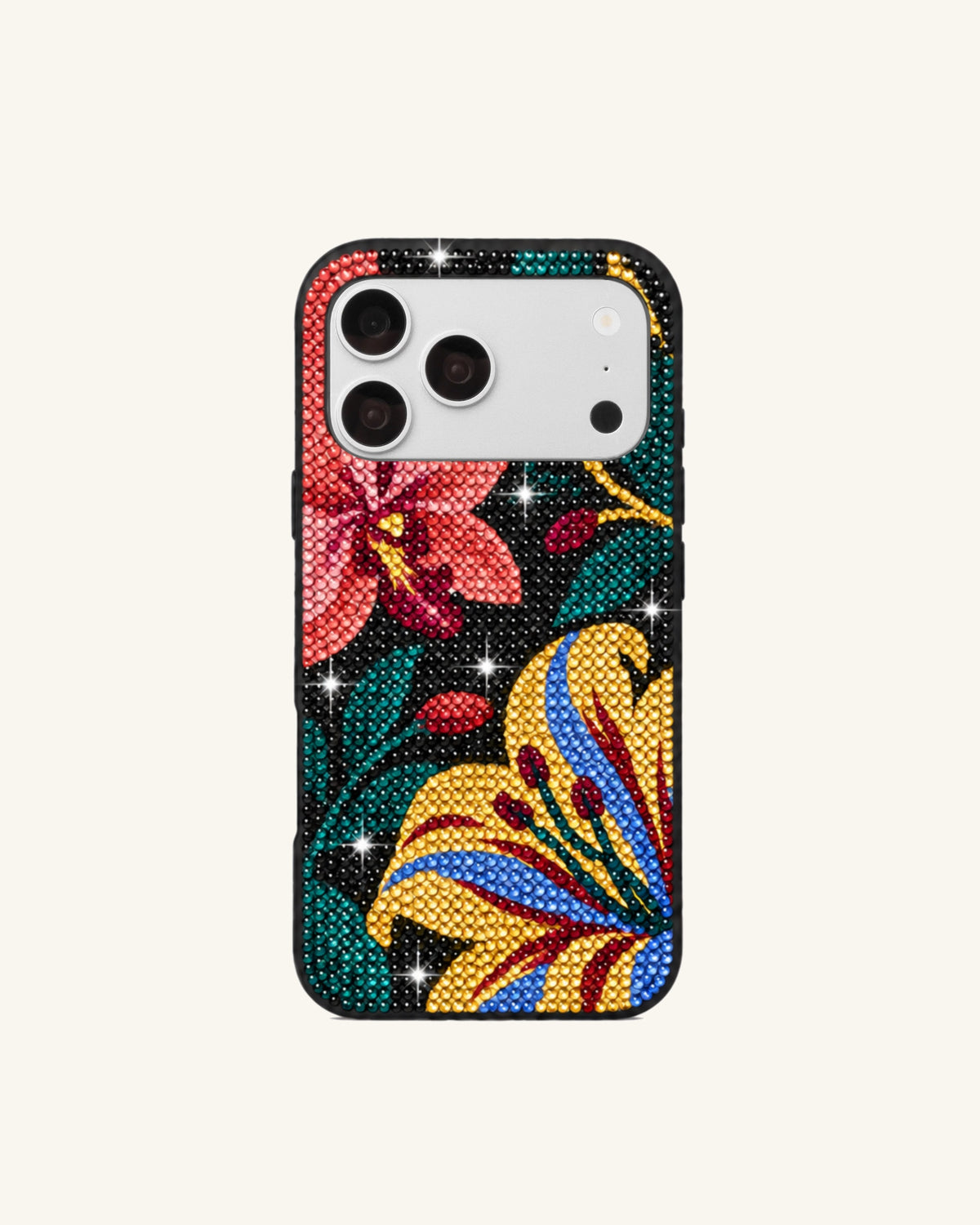 Tropical Floral Artificial Crystal Phone Case – Black