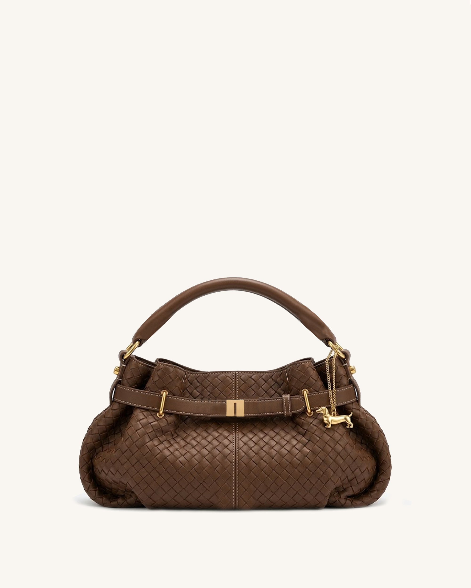 Maeve Dachshund Charm Woven Shoulder Bag - Brown