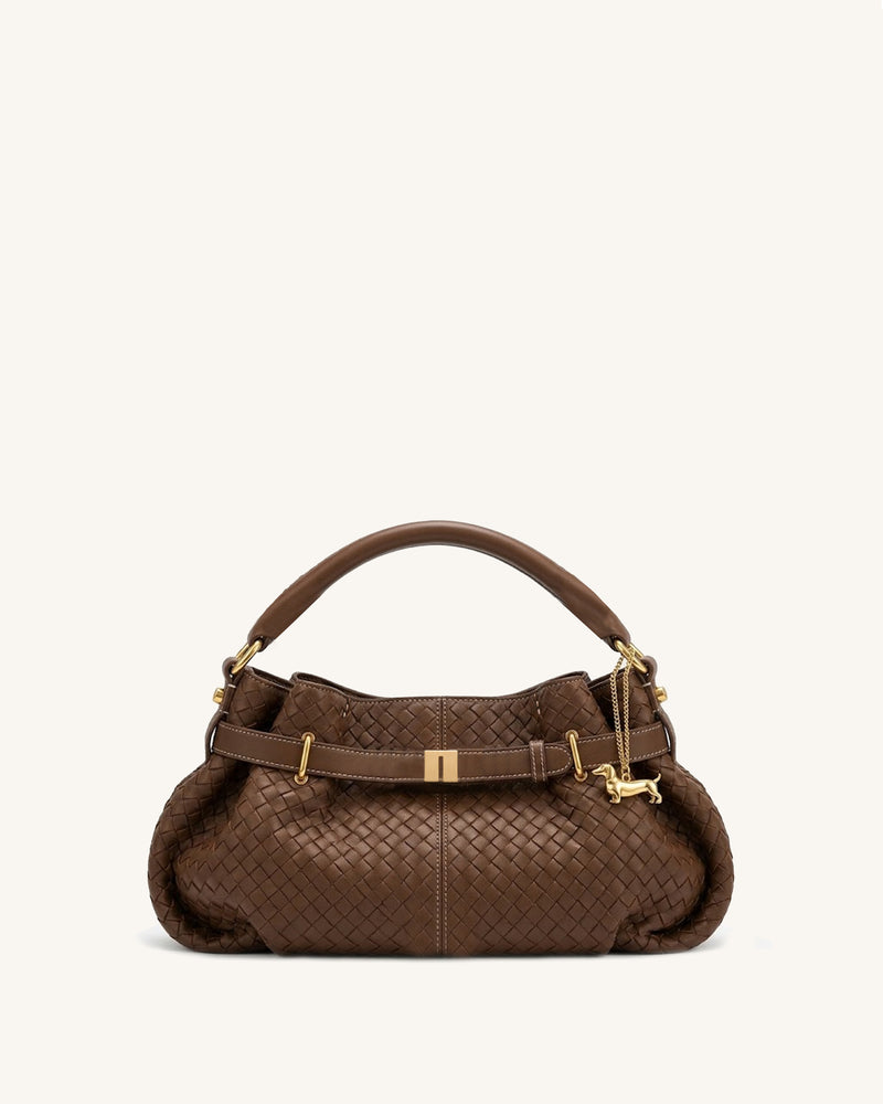 Maeve Dachshund Charm Woven Shoulder Bag - Brown