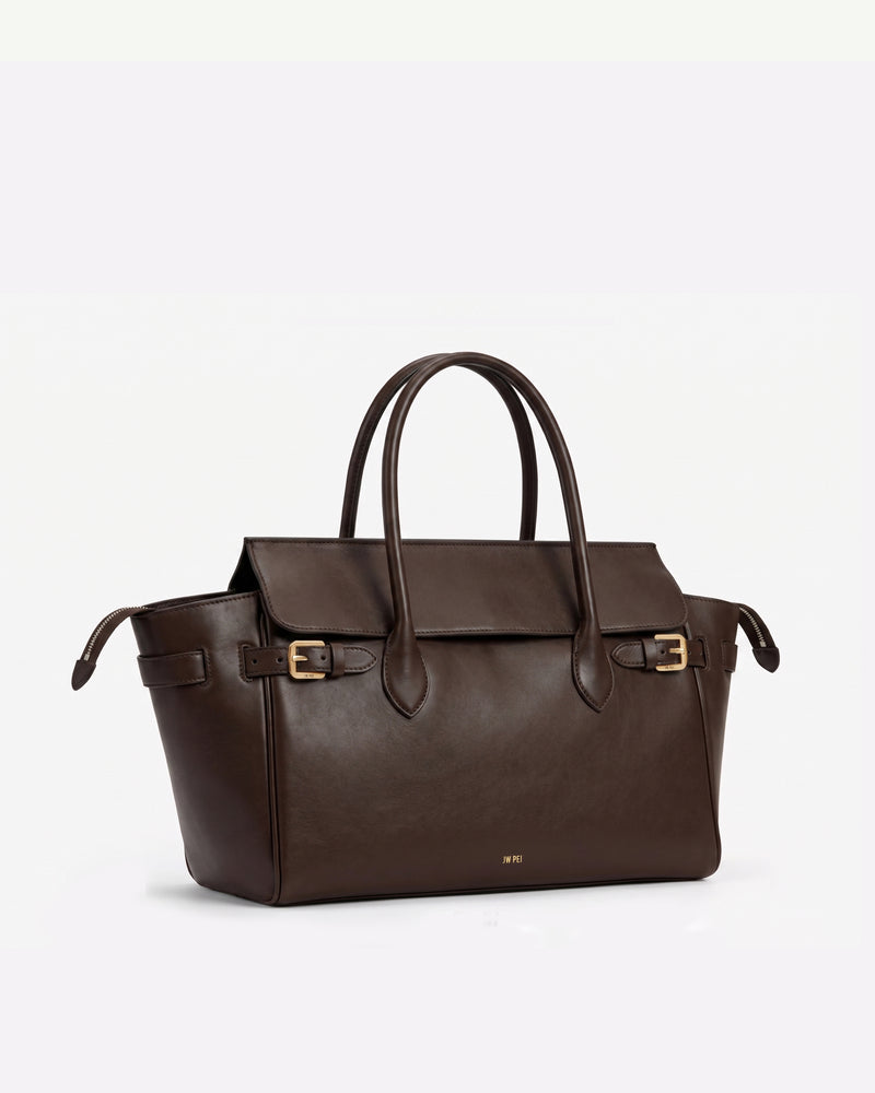 Camille Belted East-West Tote Bag - Dark Brown