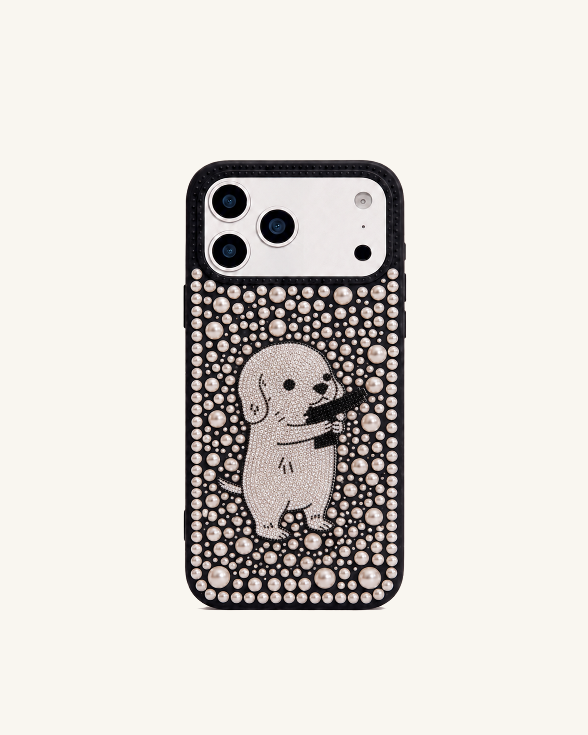 Pearl Artificial Crystal Puppy Phone Case - Black