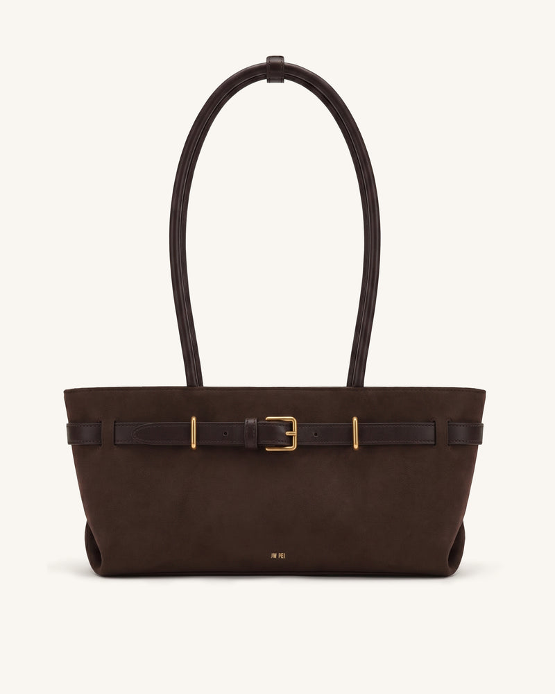 Elena Long Handle Belted Tote Bag - Dark Brown