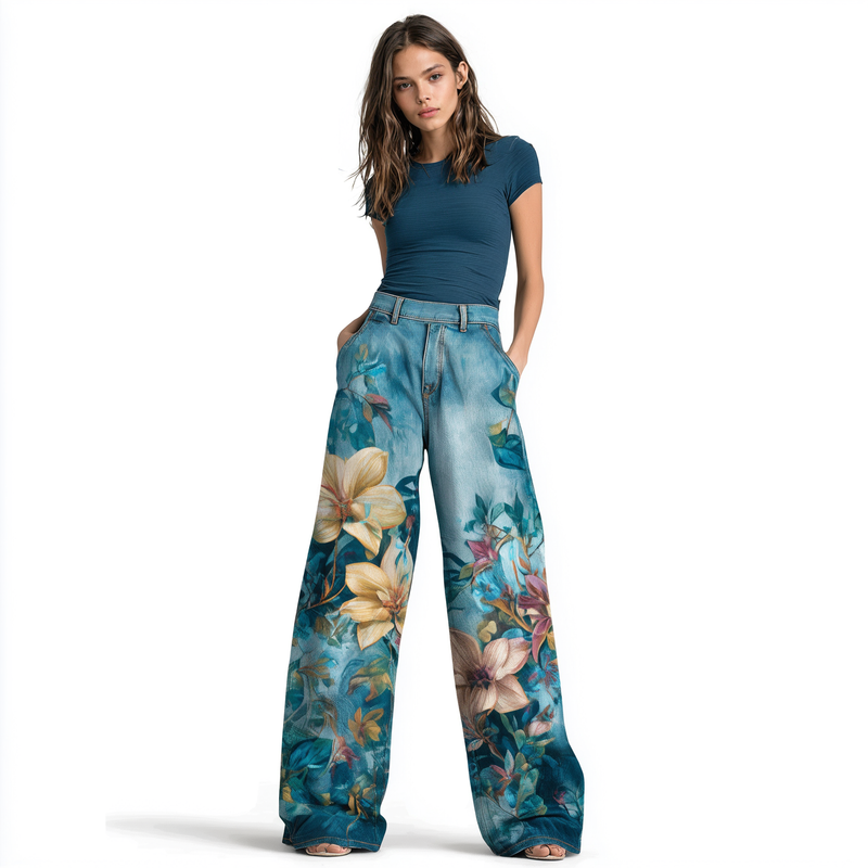 Floral Print Wide Leg Jean– Blue