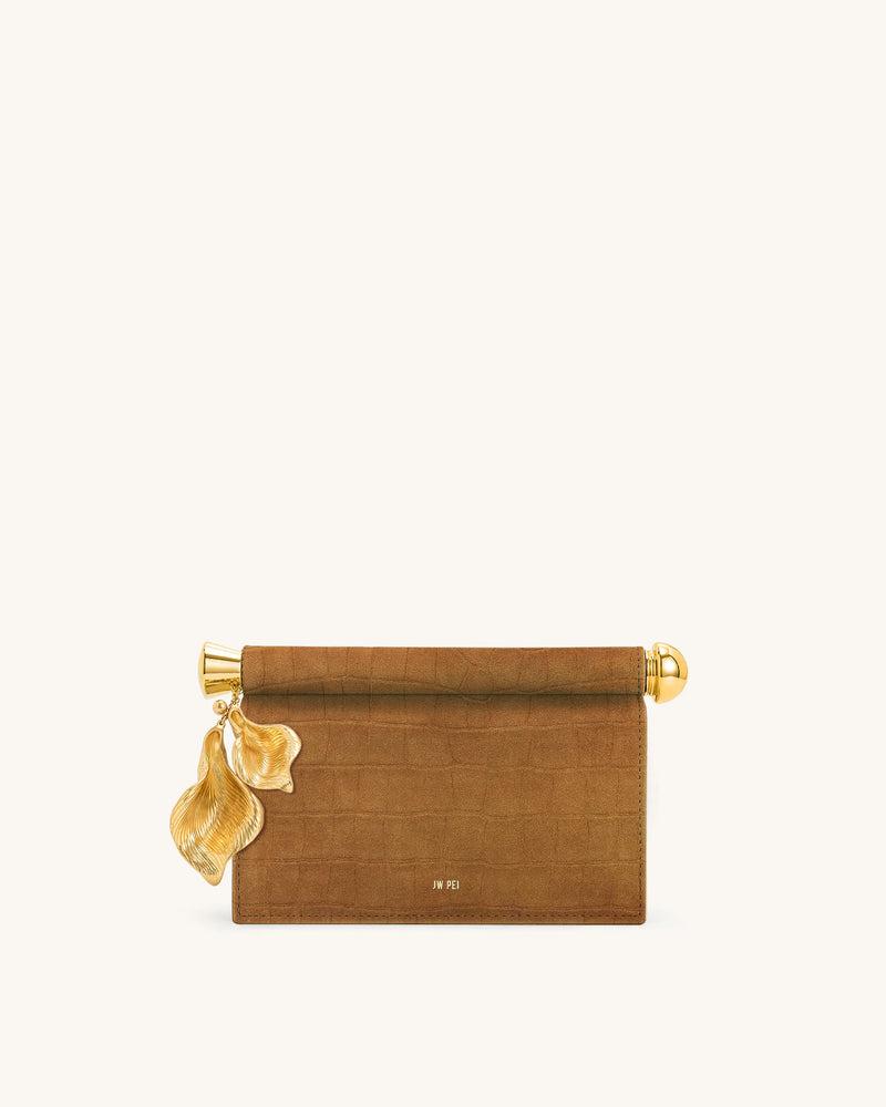 Holly Faux Suede Metal Pendant Embellished Clutch - Brown