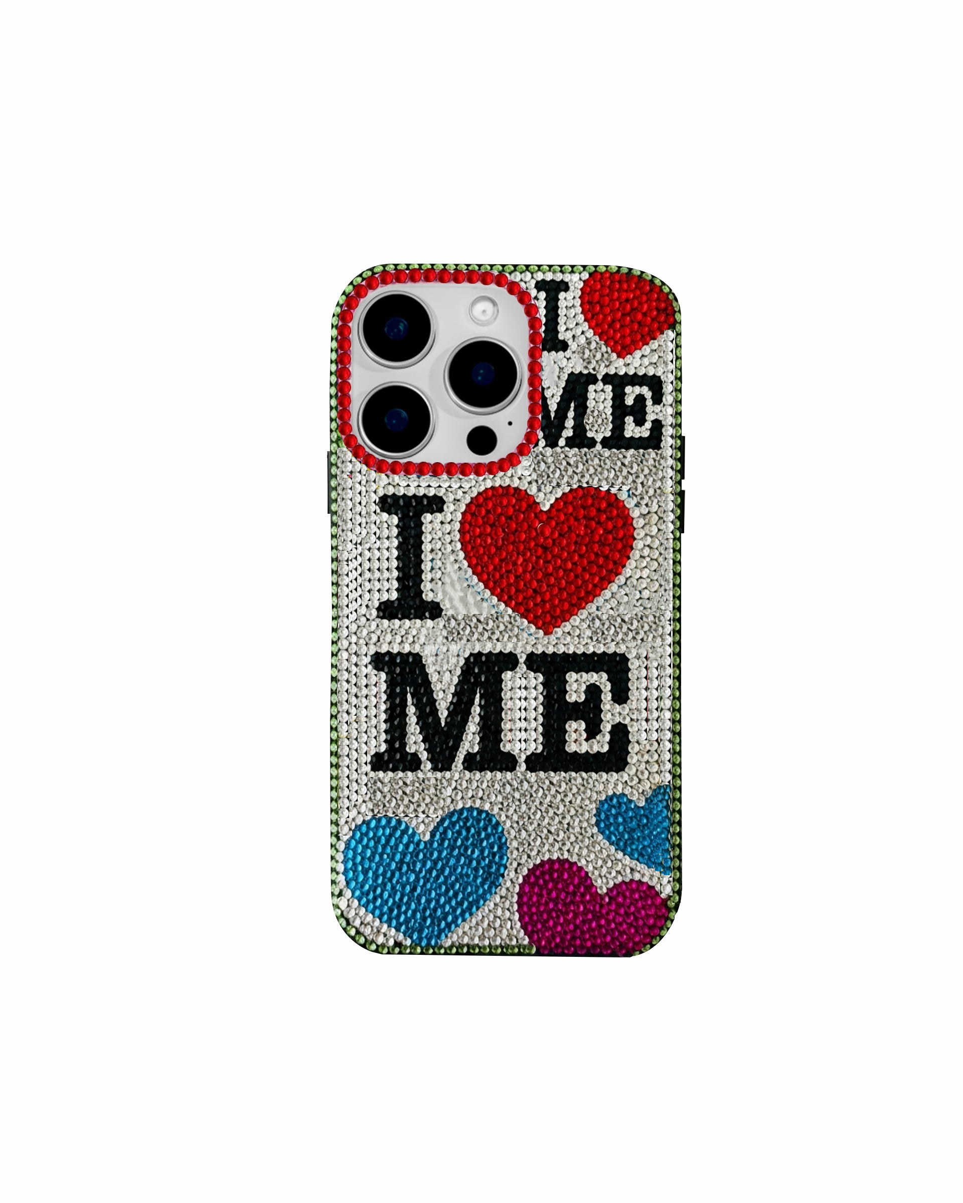 Artificial Crystal Heart Lettering Phone Case – White