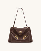 Rhea Pebbled Double Buckle Shoulder Bag - Dark Brown