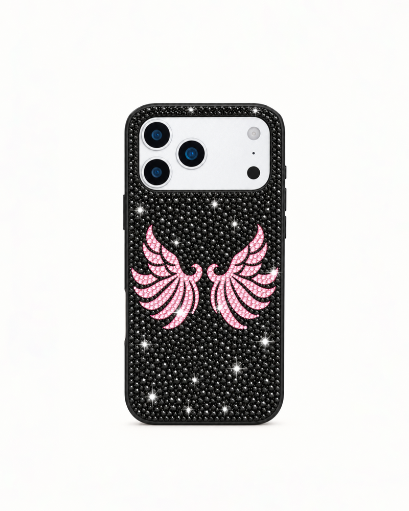 Pink Artificial Crystal Wings Phone Case – Black