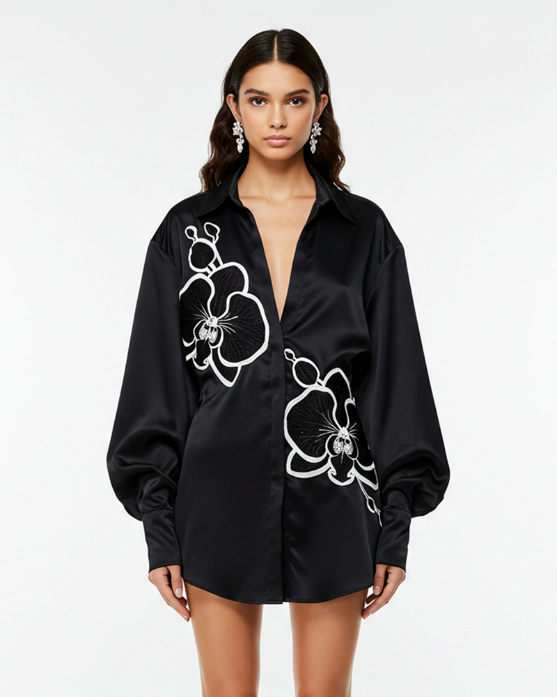 Embroidered Orchid Floral Shirt Dress – Black