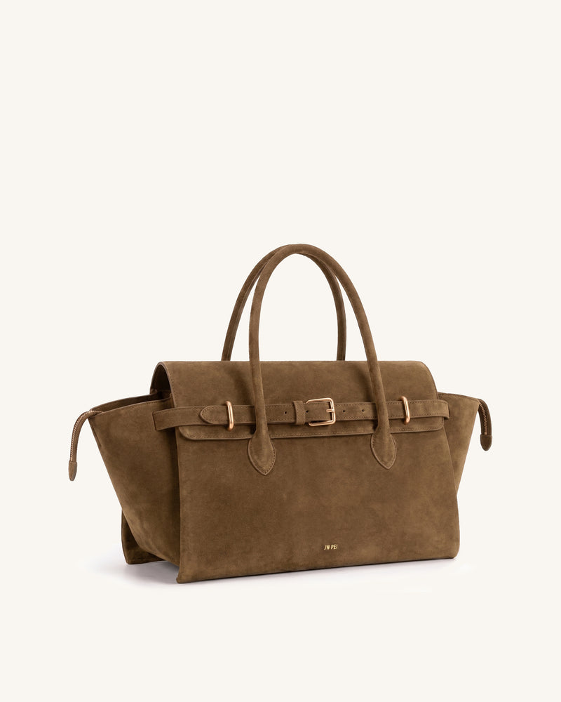 Elena Faux Suede Belted East-West Tote Bag - Khaki