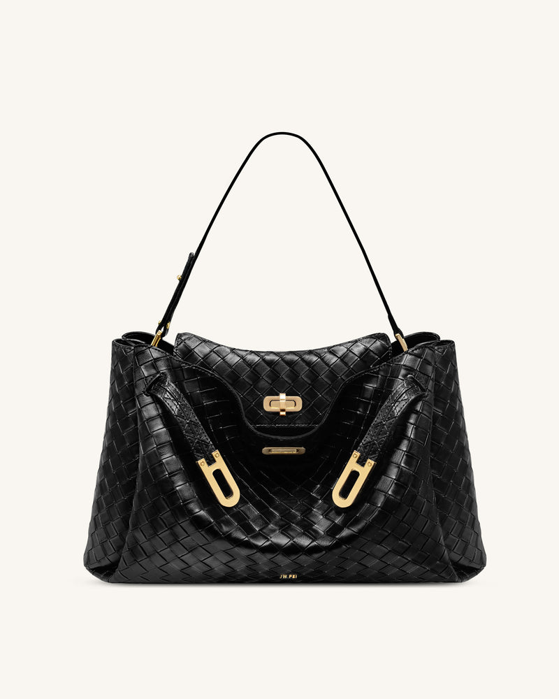 Rhea Large Woven Textured Shoulder Bag - Black