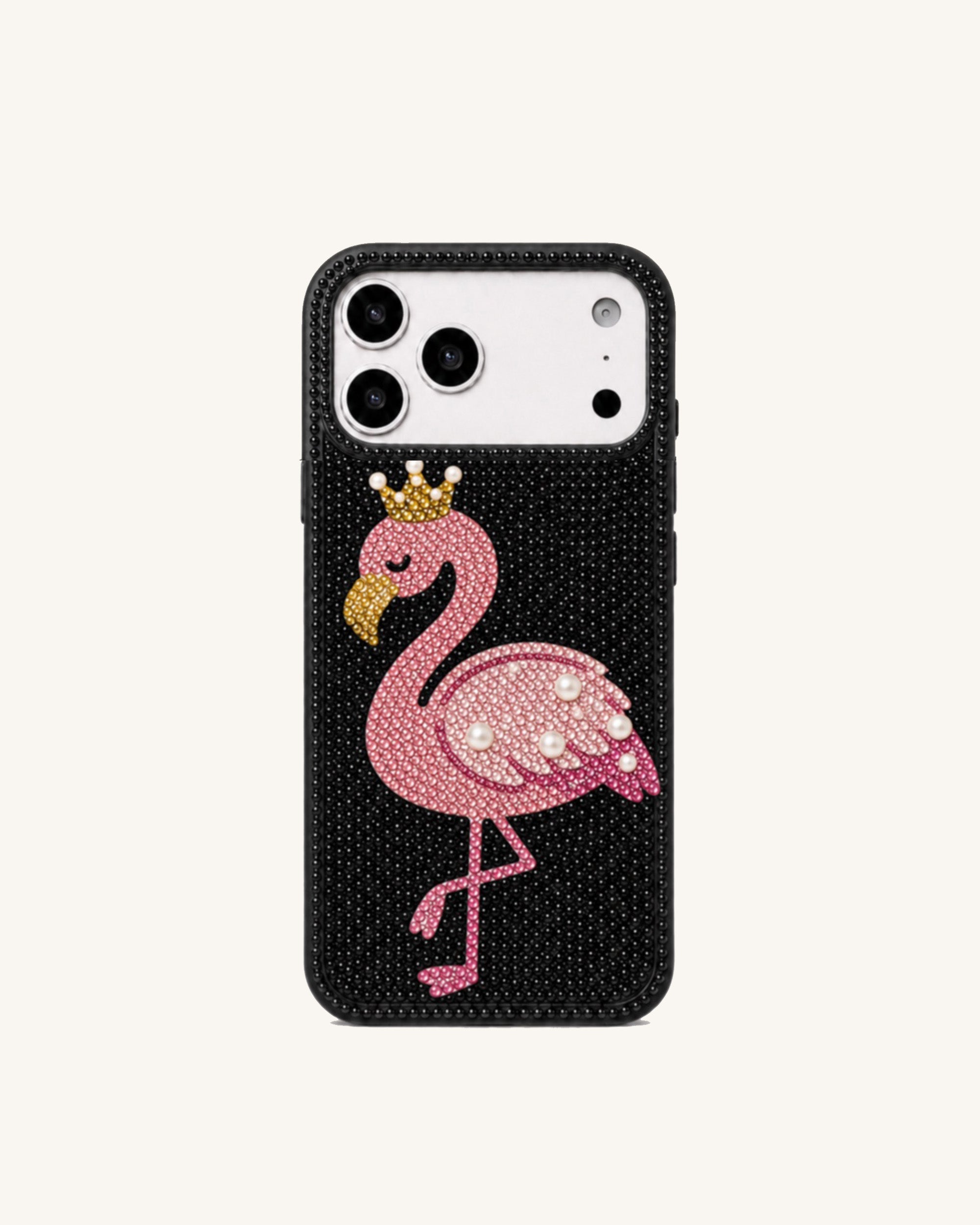 Crown Flamingo Artificial Crystal Phone Case - Black