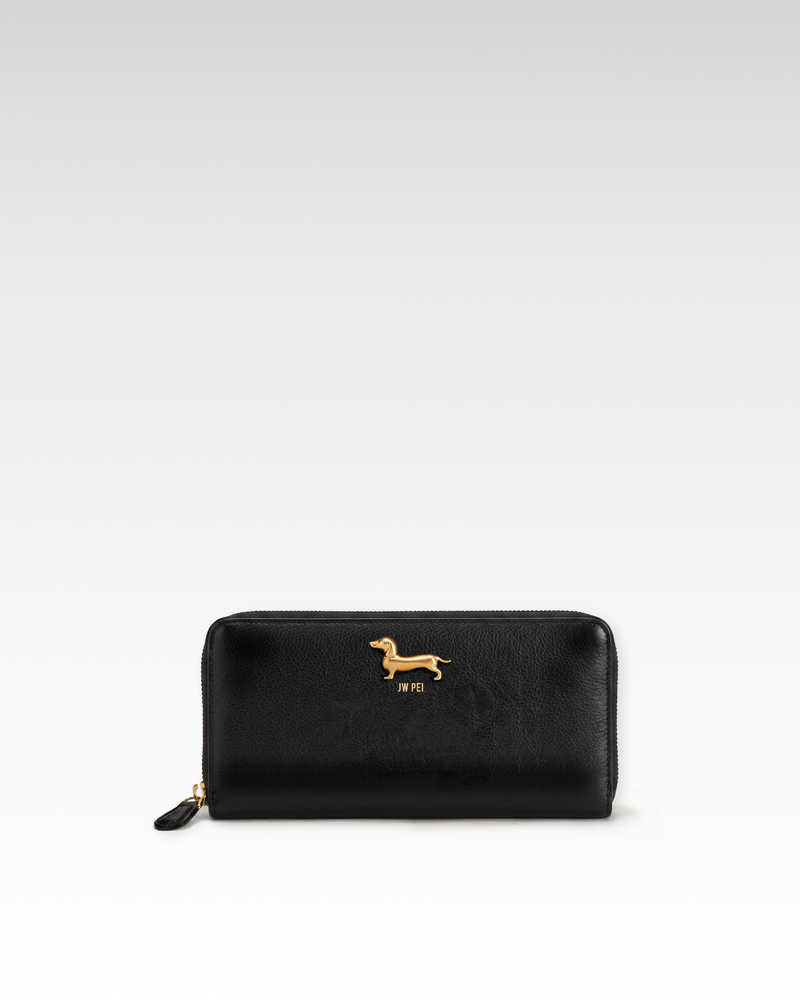 Maeve Dachshund Emblem Zip-Around Wallet - Black