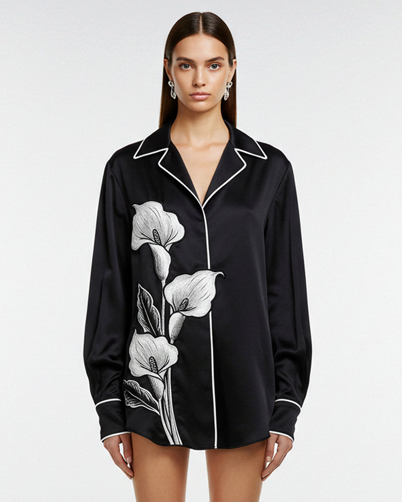 Calla Lily Embroidery Appliqué Satin Shirt Dress – Black