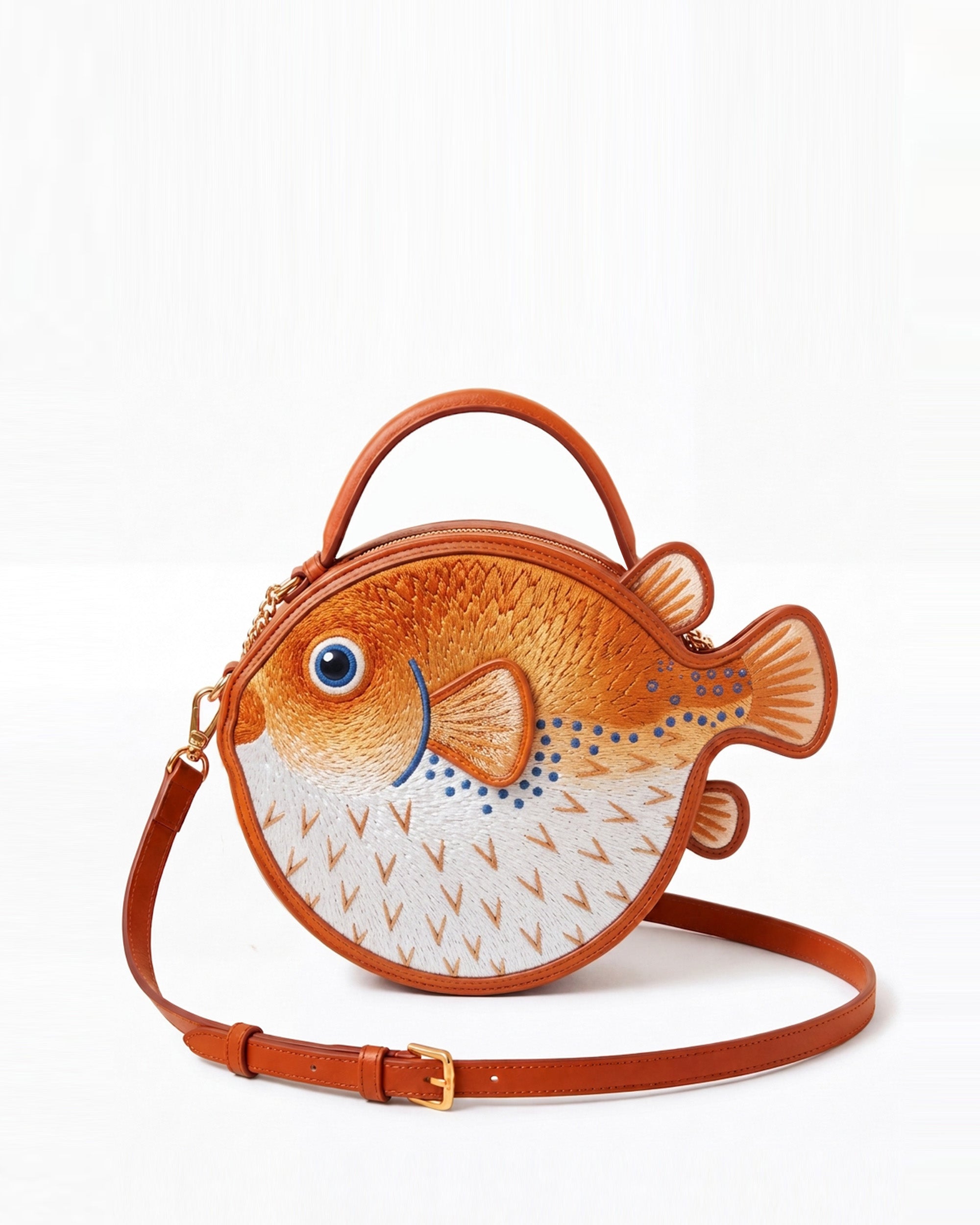 Embroidered Pufferfish Round Bag - Orange