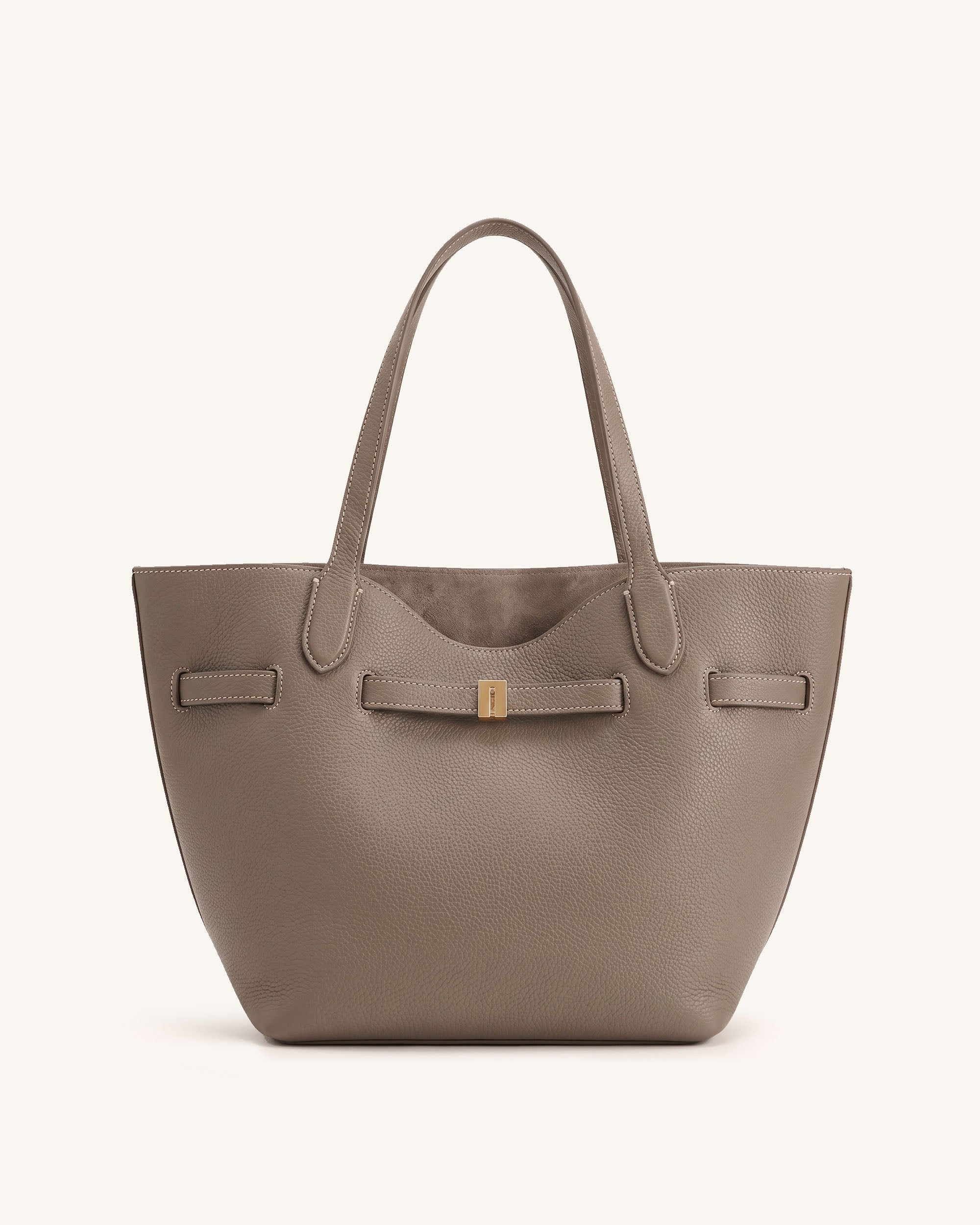 Hana Belted Pebbled Tote Bag - Taupe