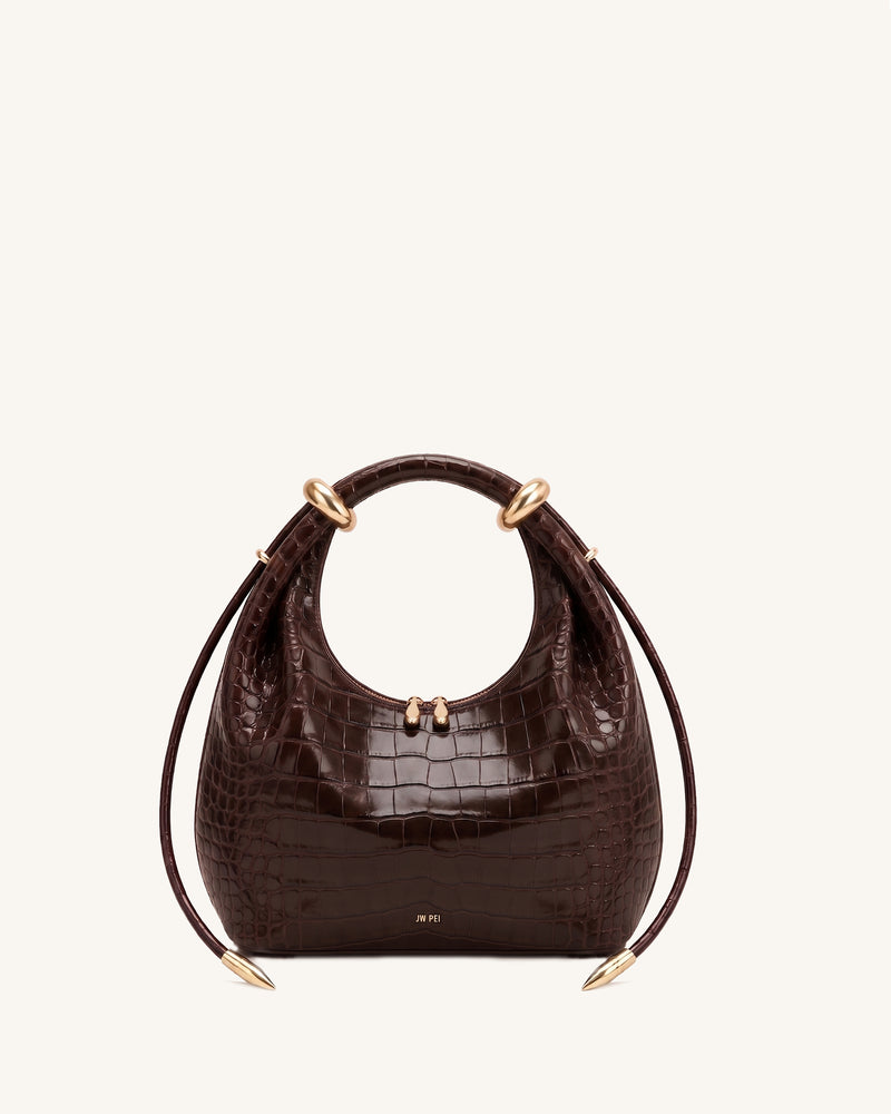 Ellie Metal Ring Bullet-Tip Hobo Top Handle Bag - Dark Brown Croc