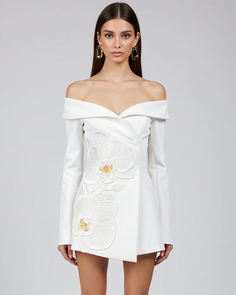Orchid Appliqué Off Shoulder Dress – White