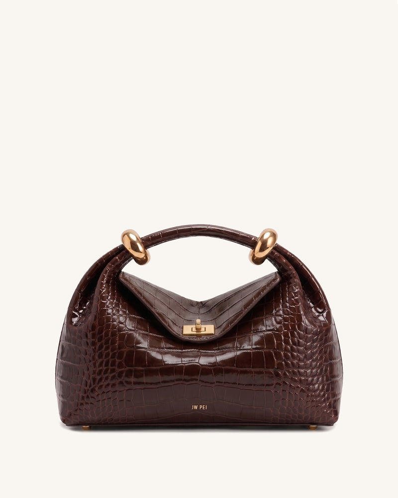 Ellie Metal Ring Flap Top Handle Bag - Chocolate Brown