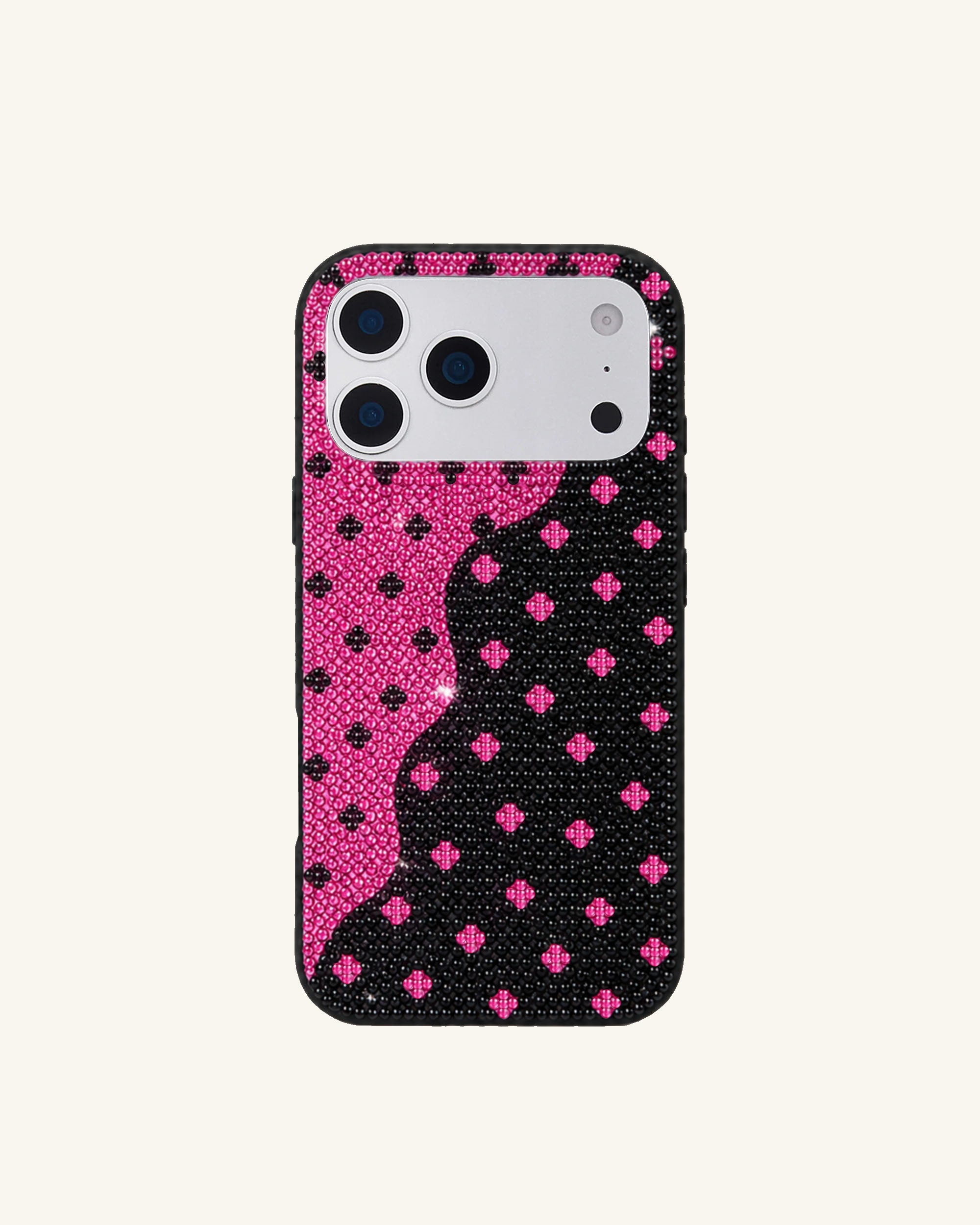 Wavy Artificial Crystal Dot Phone Case - Pink Black