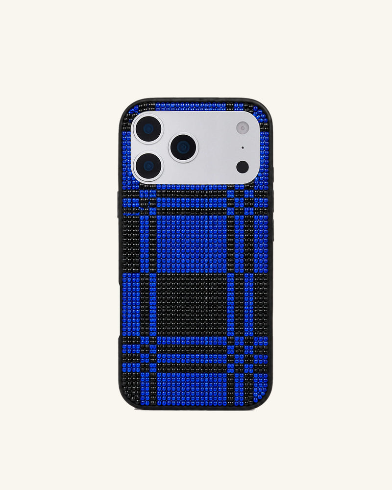 Plaid Artificial Crystal Phone Case - Blue Black