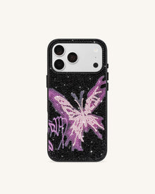 Purple Butterfly Artificial Crystal Phone Case - Black